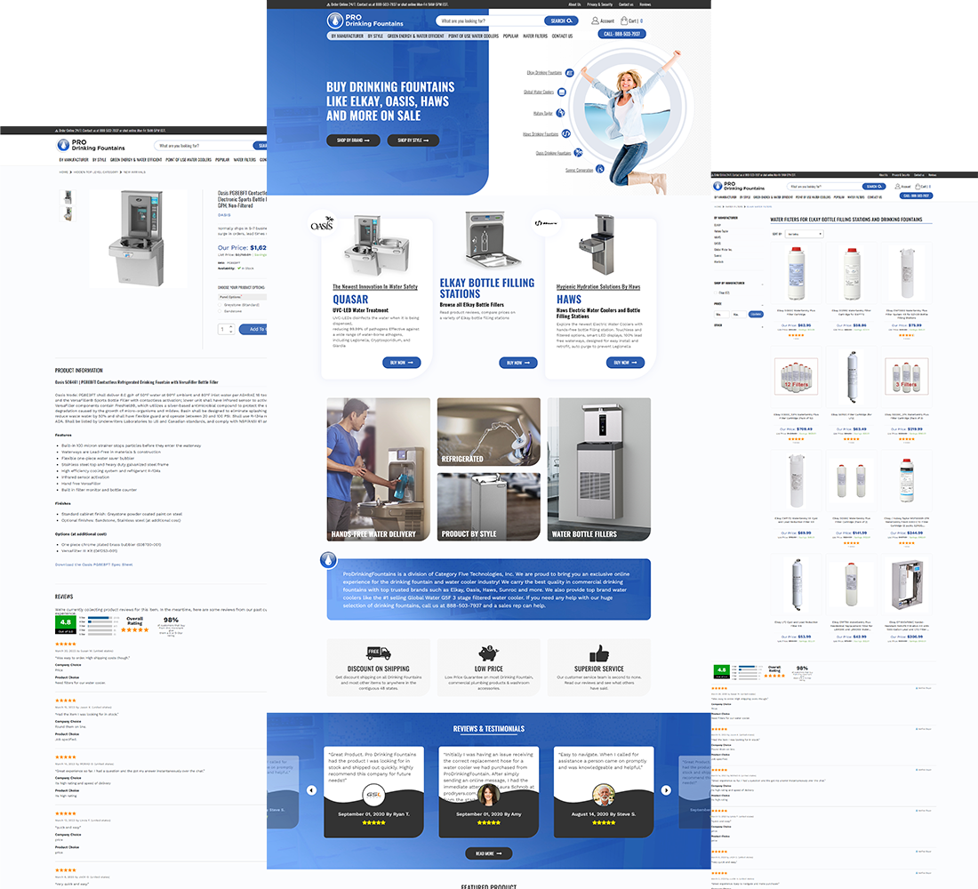 Pro Drinking Fountains Home, Category and Product page templates.
