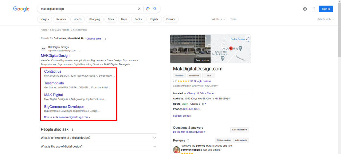 google sitelinks example