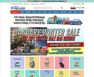 Cip1 classic Volkswagen parts ecommerce website homepage designed by MAK Digital with January winter sale banner and category grid