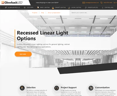 Glowback LED commercial lighting ecommerce website homepage designed by MAK Digital featuring recessed linear light options