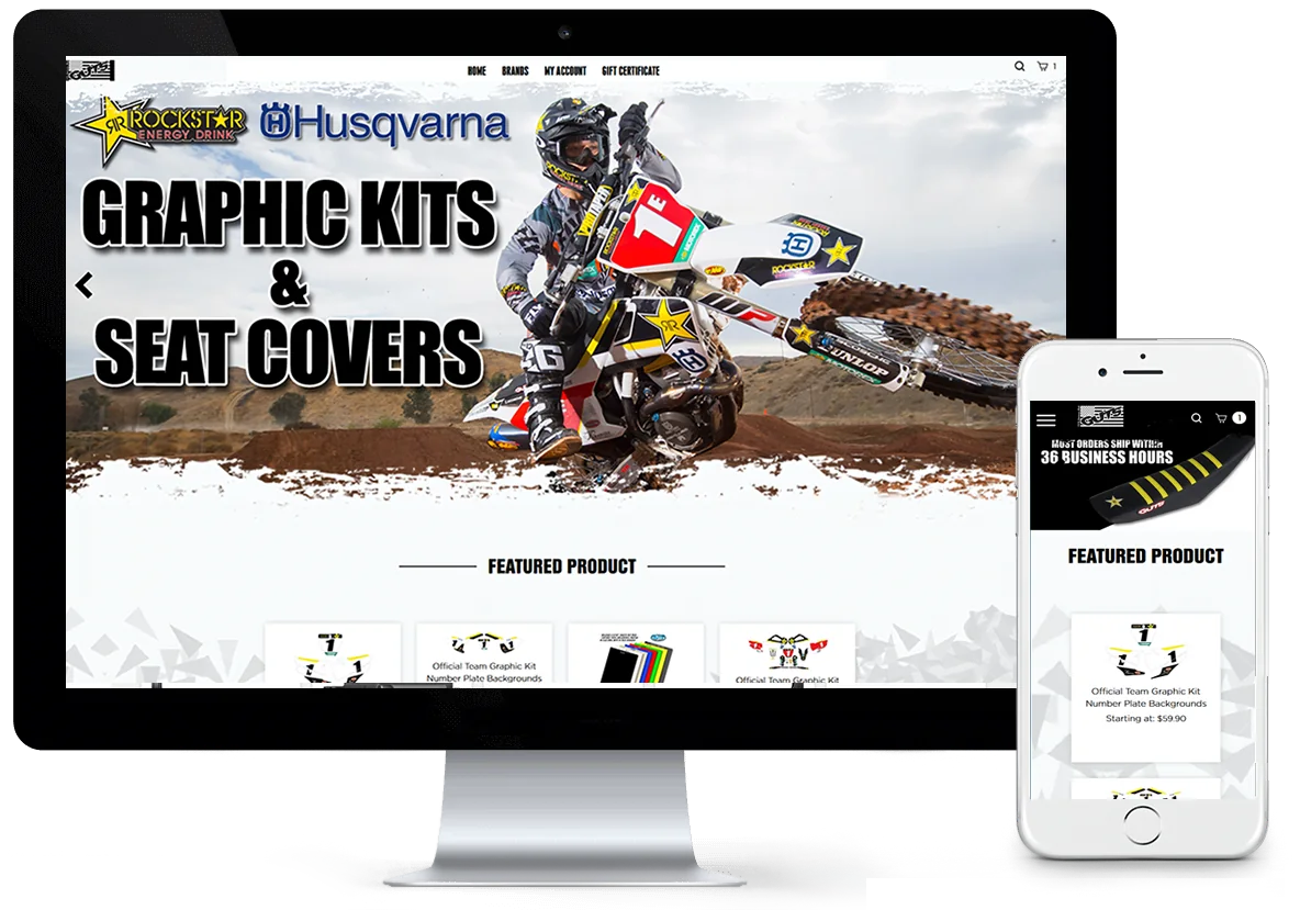 The redesigned GUTS Racing Volusion store on a desktop monitor and a phone: a motocross rider beside the headline Graphic Kits and Seat Covers, with featured products below