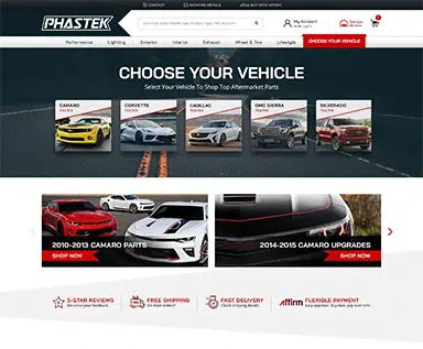 Phastek Performance automotive parts ecommerce website homepage designed by MAK Digital with choose-your-vehicle Camaro and Corvette navigation