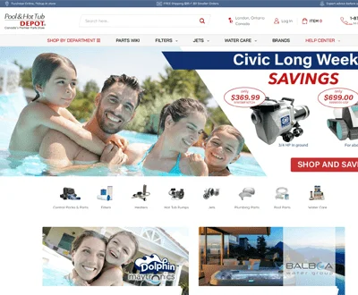 Pool and Hot Tub Depot ecommerce website homepage designed by MAK Digital with pool pump sale banner and department navigation