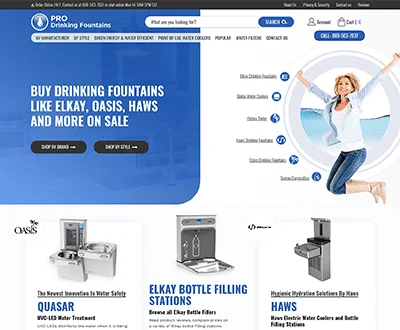 Pro Drinking Fountains ecommerce website homepage designed by MAK Digital selling Elkay, Oasis, and Haws water fountains