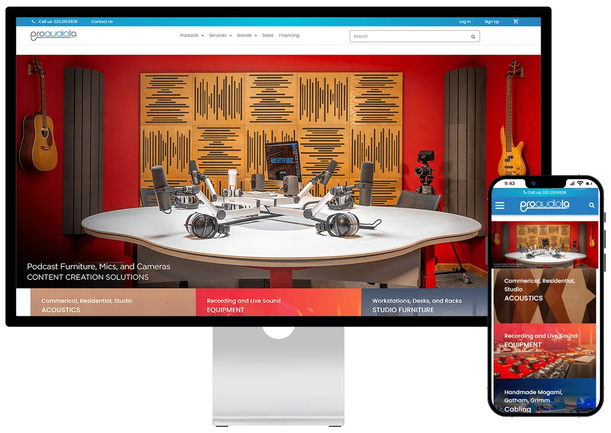 The redesigned Pro Audio LA store on BigCommerce, shown on a desktop monitor and a phone: a podcast studio photo with the heading Content Creation Solutions above category tiles for acoustics, equipment, and studio furniture