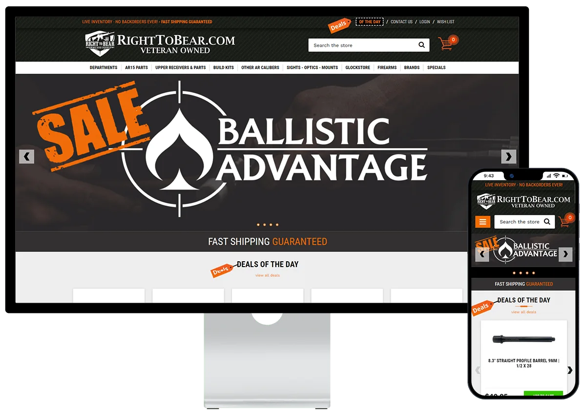 The RightToBear.com store on BigCommerce, shown on a desktop monitor and a phone: a dark header with the line Live Inventory, No Backorders Ever, Fast Shipping Guaranteed, the RightToBear.com Veteran Owned logo, a department menu, a sale banner, and the Deals of the Day row