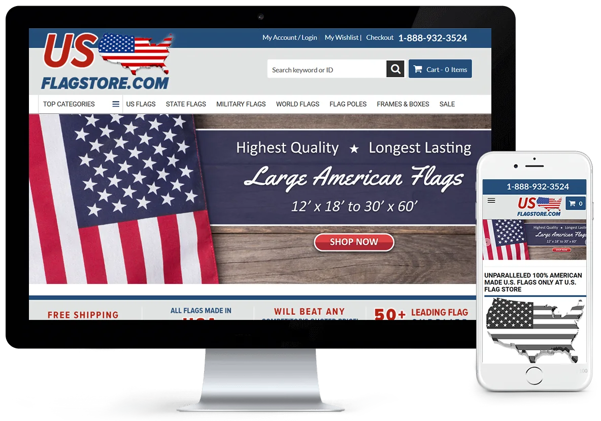 The redesigned USFlagStore.com Volusion store on a desktop monitor and a phone: the US Flagstore.com logo, a phone number, a search box, a menu from US Flags to Frames and Boxes, and a banner reading Highest Quality, Longest Lasting, Large American Flags