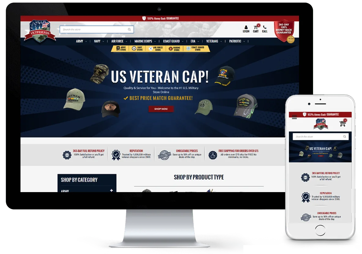 The redesigned VetFriends store on BigCommerce, shown on a desktop monitor and a phone: navigation by military branch above a US Veteran Cap banner and a row of guarantees