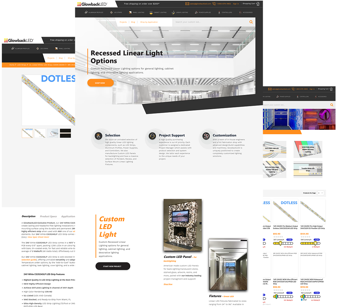 GlowbackLED Home, Category and Product page templates.
