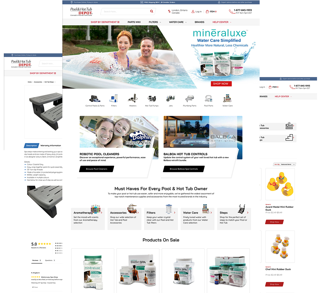 PoolandHotTubDepot Home, Category and Product page templates.