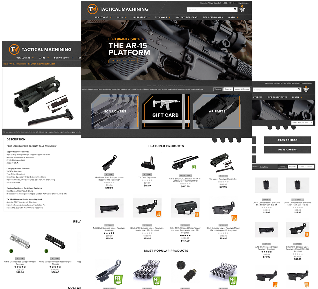 Tactical Machining Home, Category and Product pages.