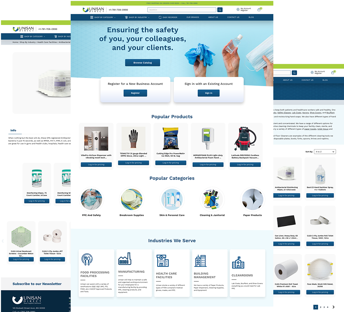 Unisan Direct's Home, Category and Product page templates.