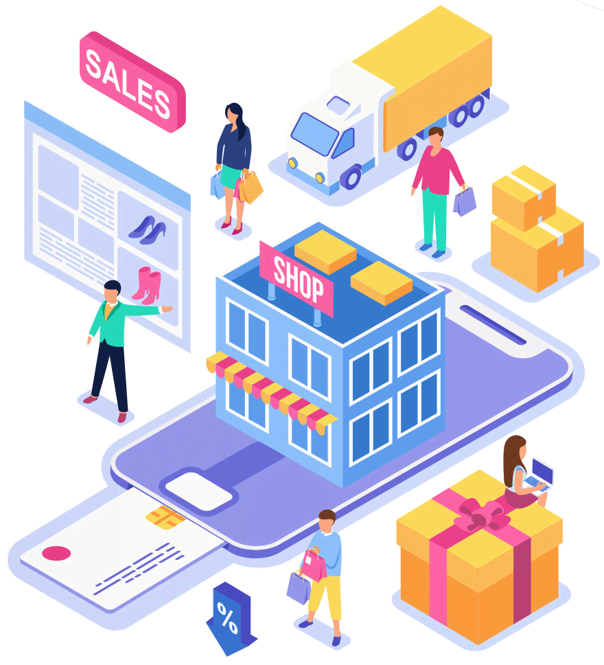 Soft shop. Универсальные сервисы. Здание службы доставки. Enterprise illustration. Financial benefit.