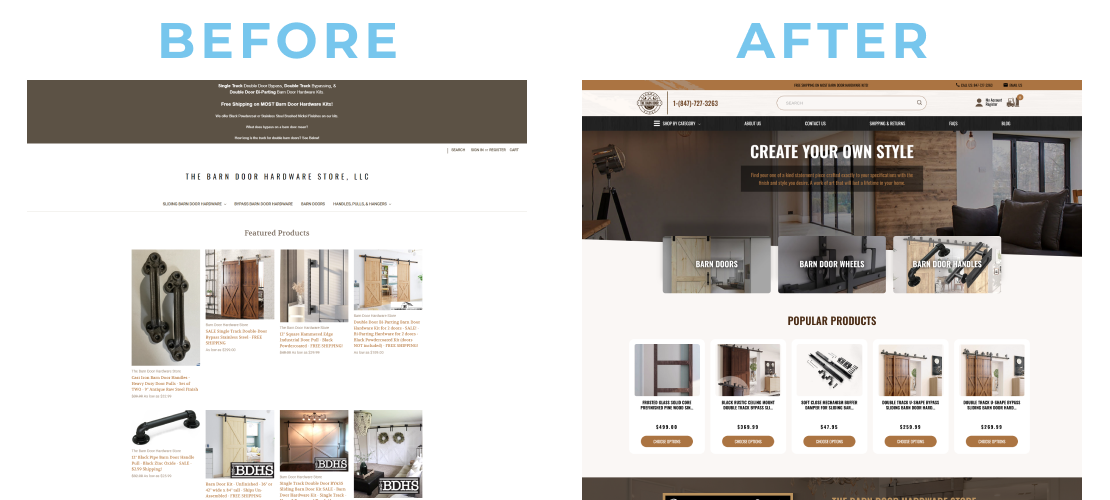 Before/after showing improvements The Barn Door Hardware Store achieved after platform migration!
