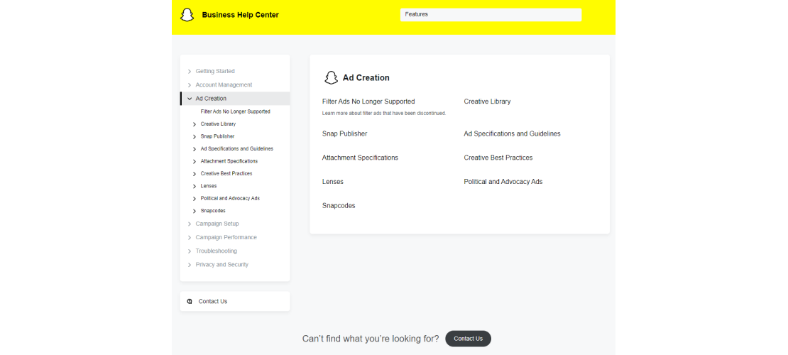 Snapchat Help Center screen.