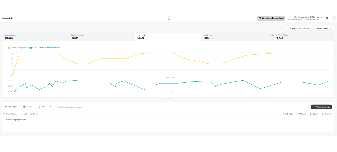 Snapchat Ads Manager dashboard, Snapchat for Business