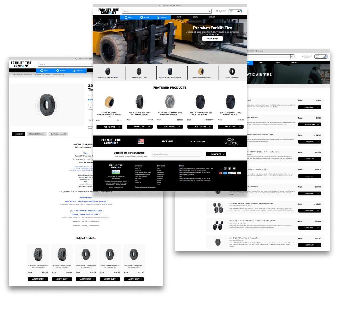 forklift tire company home, category and product page templates.