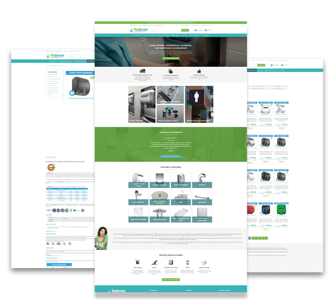 pro dryers home, category, and product page templates.