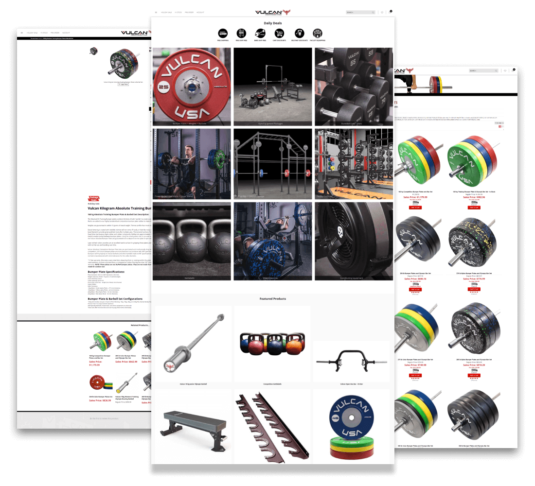 Vulcan Strength home, category and product page templates.