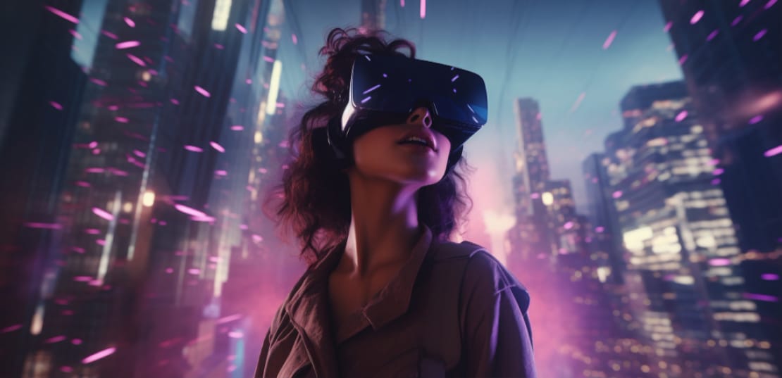 Lady wearing VR headset representing a b2b technology