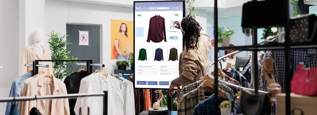 Man looks clothes online touch screen representing User Experience personalization monitor fashion boutique mall self service board male customer looking trendy clothes items retail kiosk display. 
