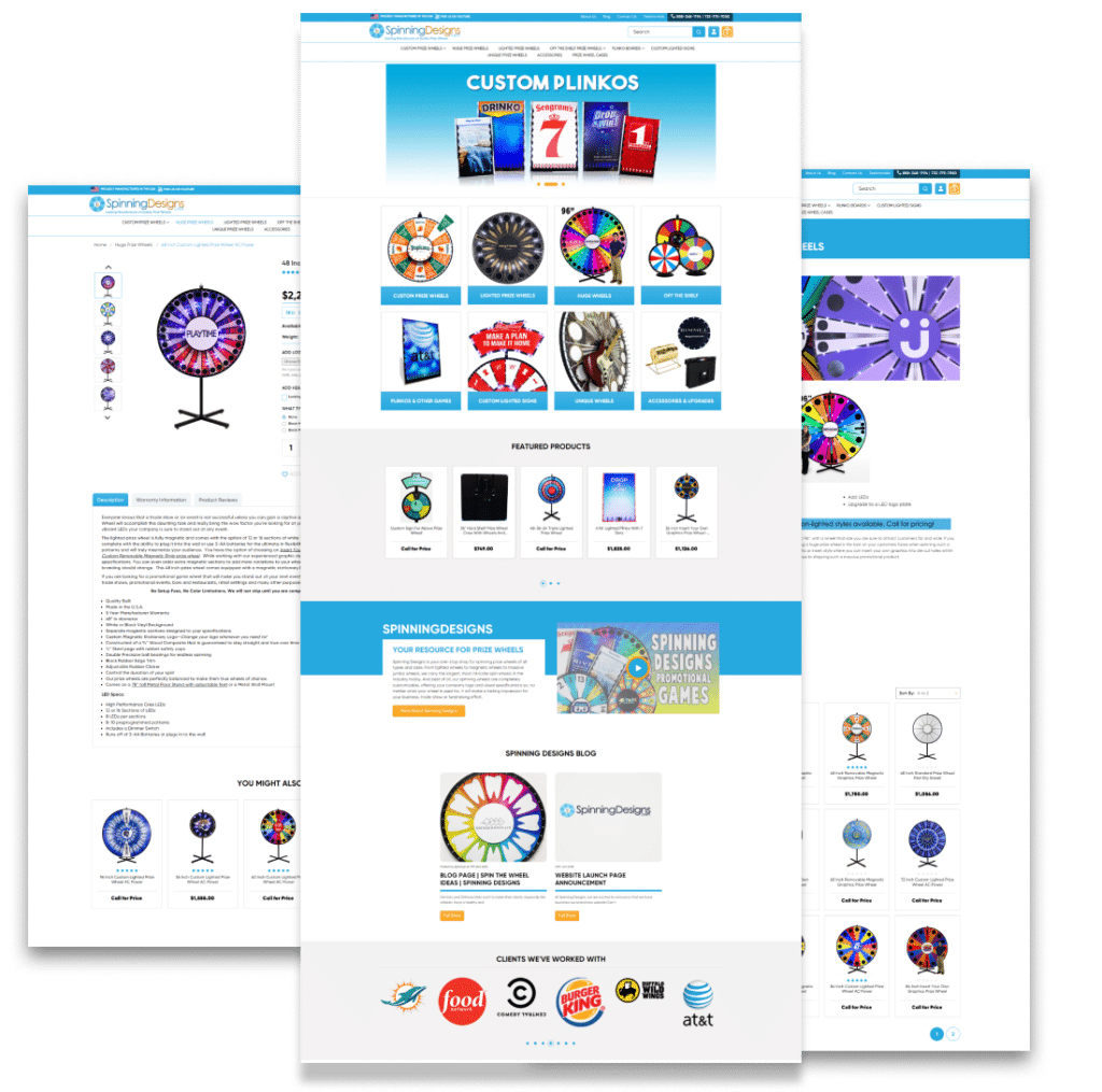 Image of Spinning Designs Homepage (middle), Product page (left) and category page (right)