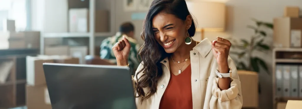 Lady happy and displaying a reaction caused by an emotional trigger