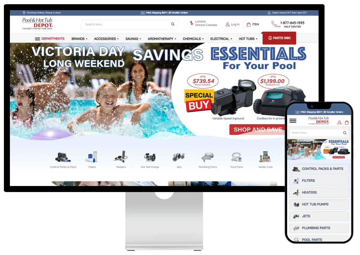 Pool and Hot Tub Depot homepage image on monitor and phone