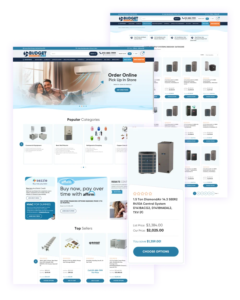 Image of budgetheating.com (left) Homepage, (Middle) Product card, (right) Category page