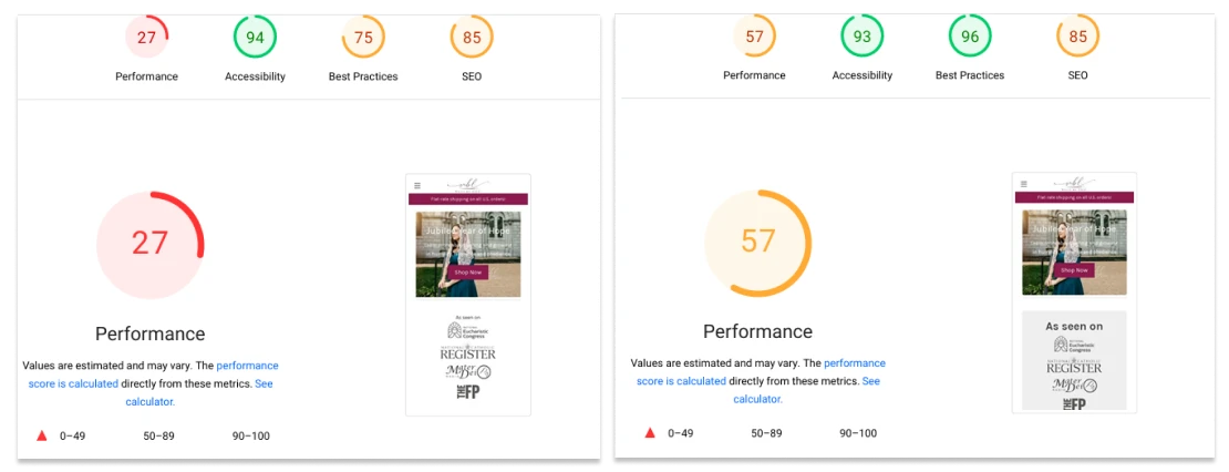 Veils by Lily – Before (left) and After (right) Mobile Optimization