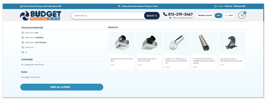 Budgetheating.com Searchanise Dynamic Search Example