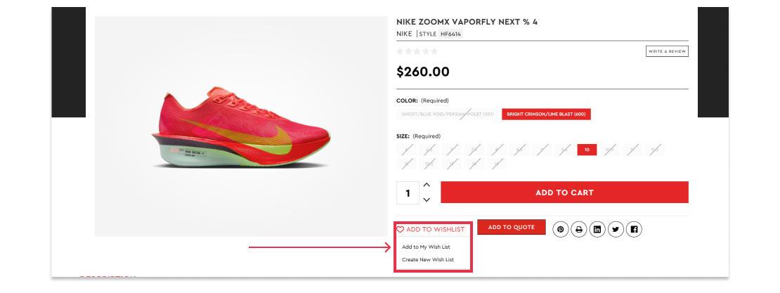 Dick Pond Athletics Wishlist feature on product pages