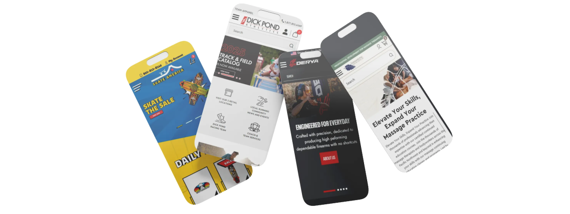Responsive mobile designs for four MAKDigital clients showcasing sleek, user-friendly eCommerce websites optimized for mobile browsing.