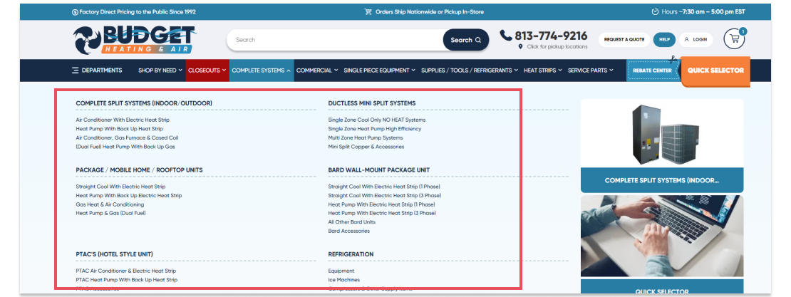 Budgetheating.com well-organized Mega-nav
