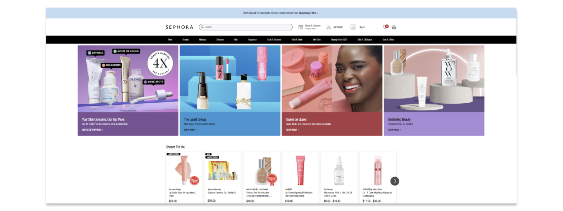 Sephora homepage highlighting beauty products and promotions.