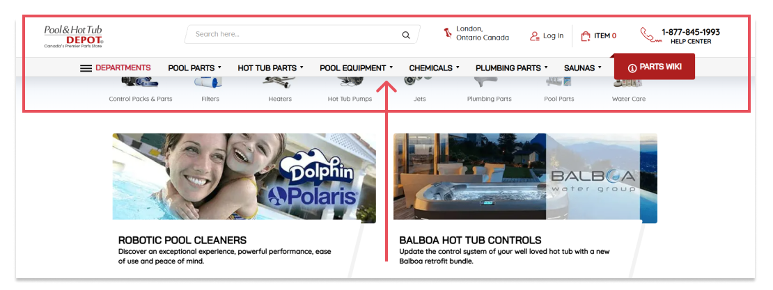 Example of Pool and Hot Tub Depot Sticky Navigation