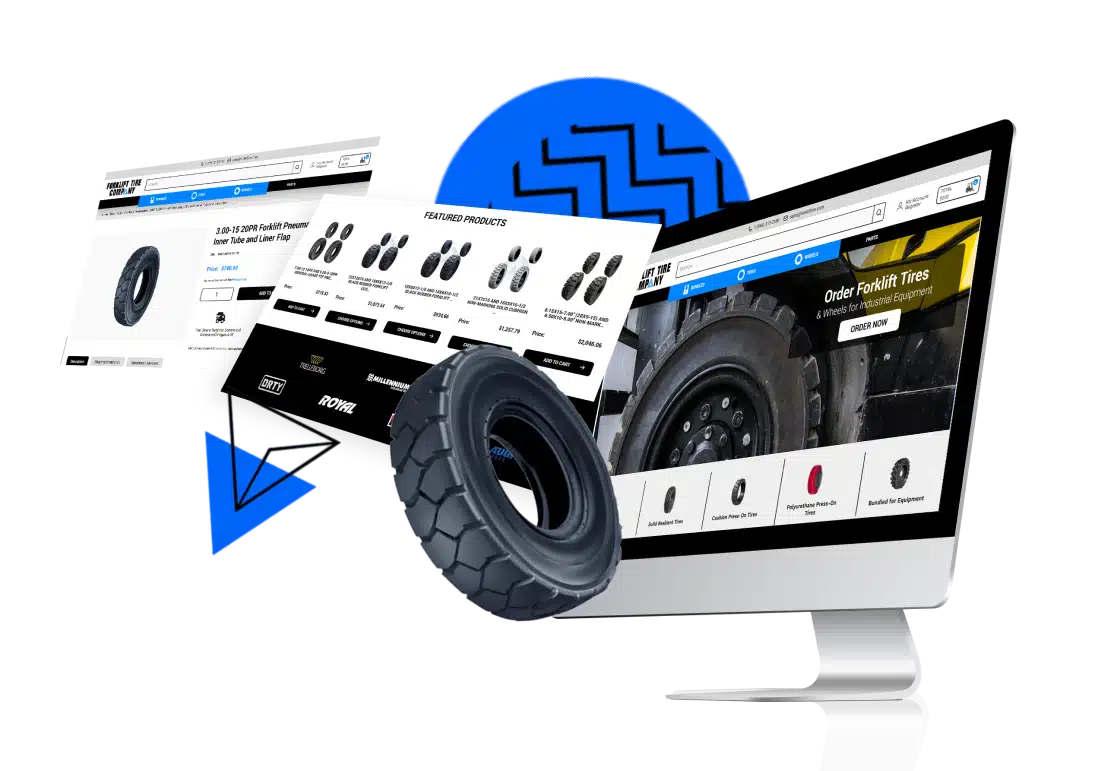 Screenshots of Forklift Tire Company website redesign by MAKDigital, showing homepage, product page, and featured products section on desktop, with a large 3D forklift tire in the foreground and blue graphic elements in the background.