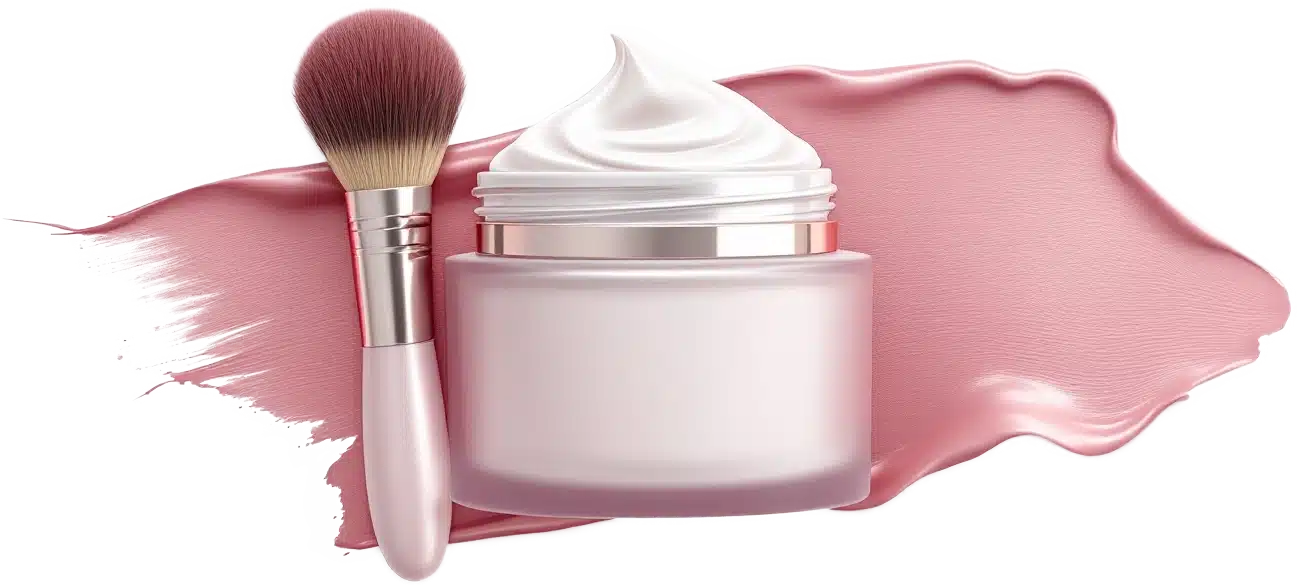Face cream jar with makeup brush and pink paint stroke