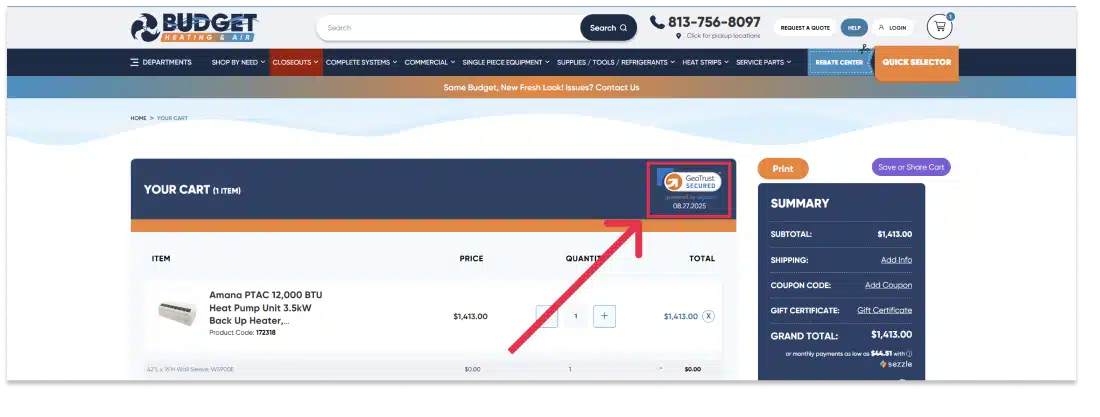 Screenshot of budgetheating.com secure checkout with a red box and arrow pointing to the ssl certifcate