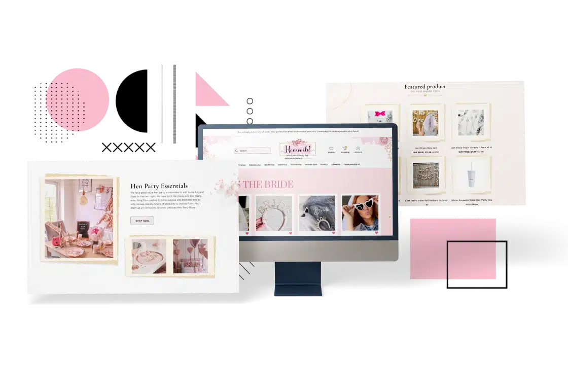 Image of floating pink and black elements with a monitor (in the middle) displaying image of Henworld.com homepage, screenshot of Henworld web page (left) and (right)