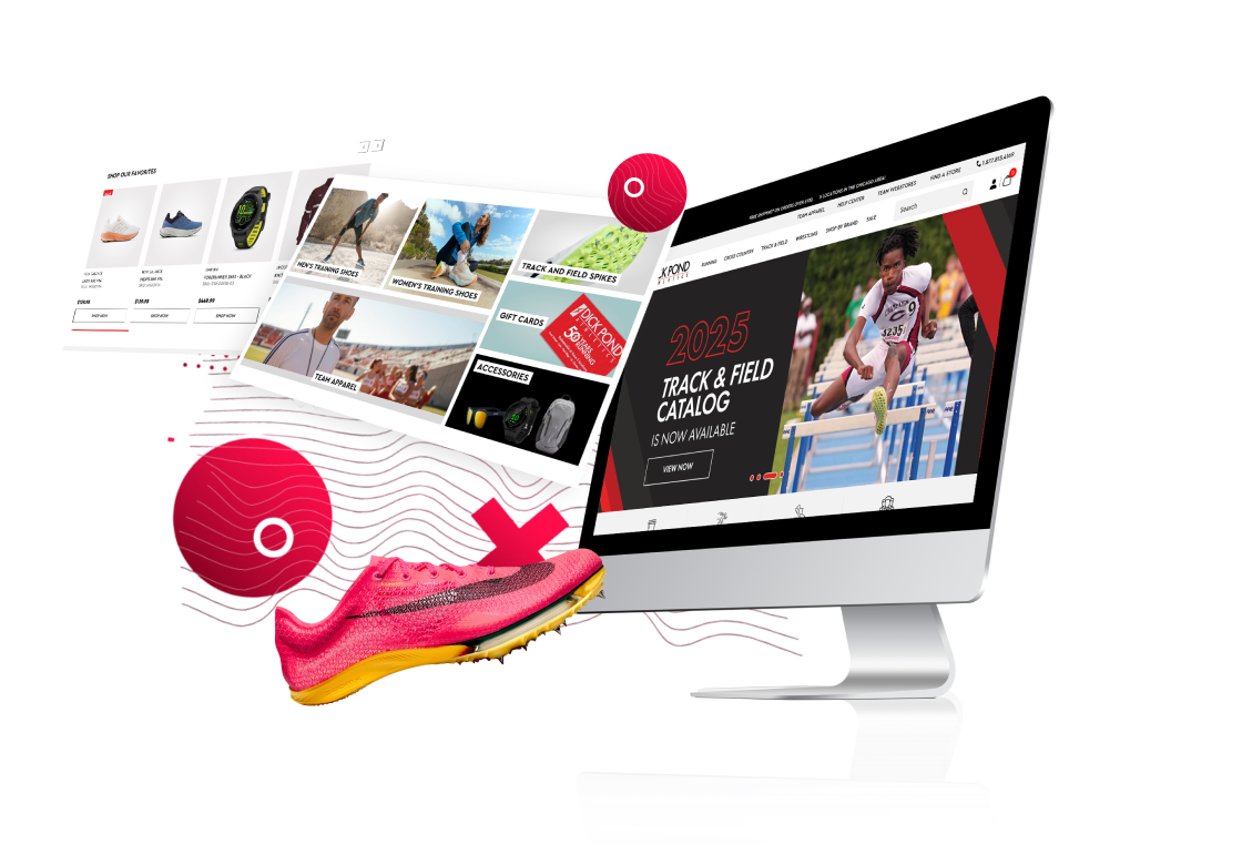 Screenshots of Dick Pond Athletics website redesign by MAKDigital, showing homepage on desktop monitor and other homepage elements, with a pink running shoe next to it.