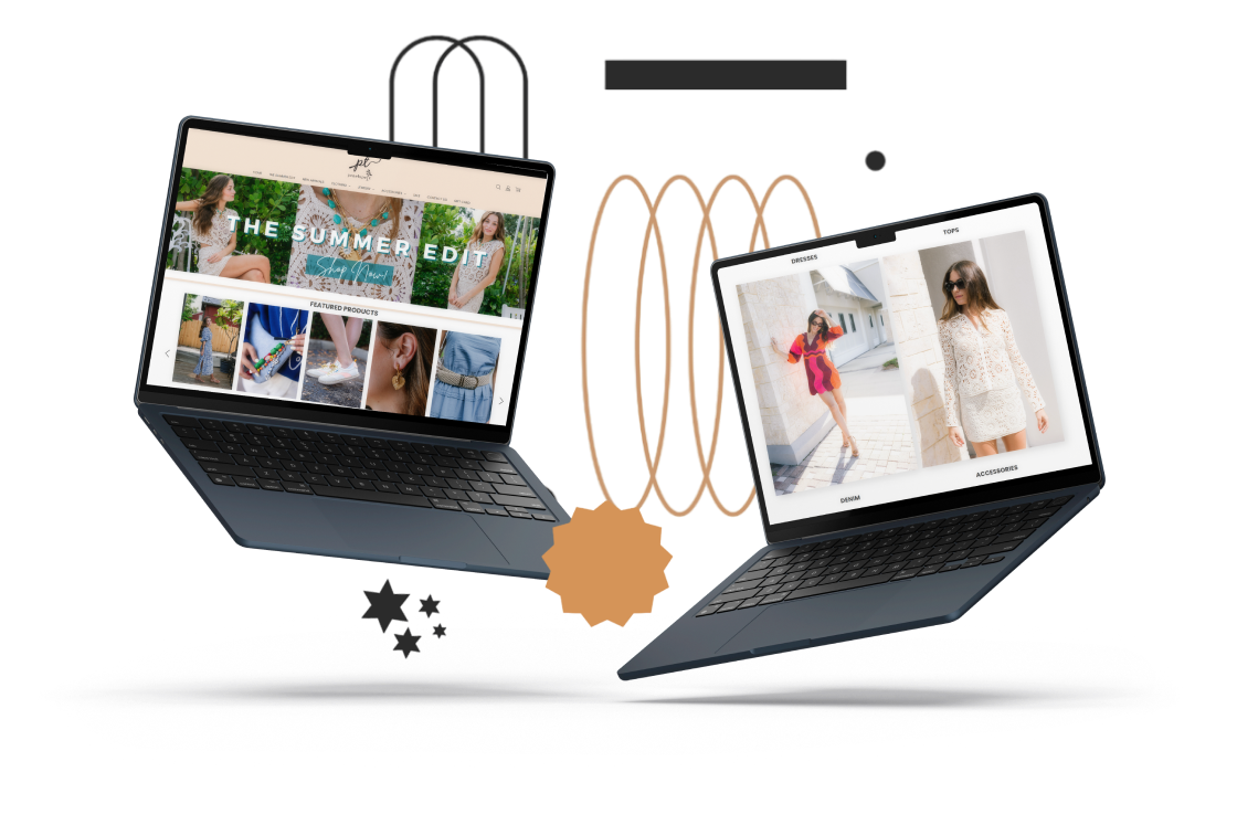 2 floating laptops with screenshot of penelope t boutique homepage on laptop 1 (located on right) and screenshot of a web page from penelope t boutique on laptop 2 (right)