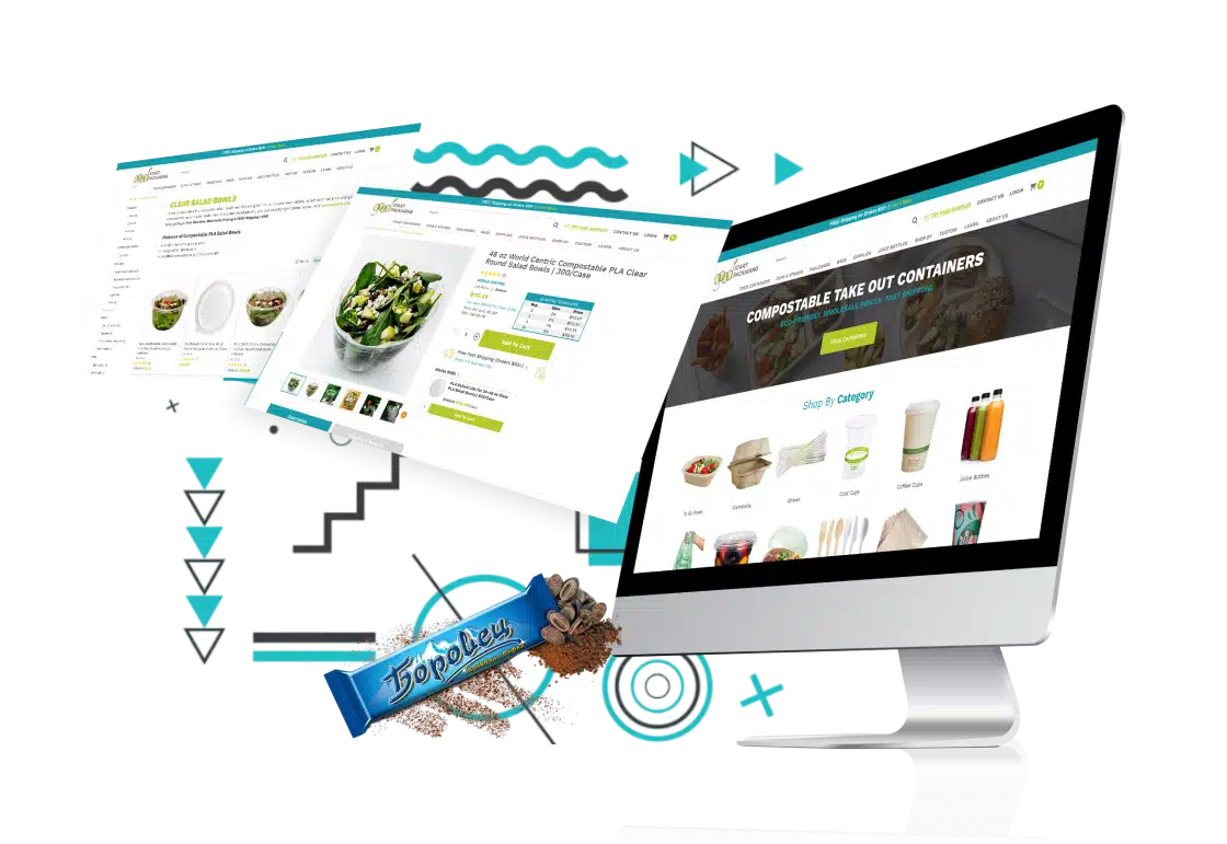 Image of Food website for eco-friendly products showing compostable takeout containers, product pages, and category listings.