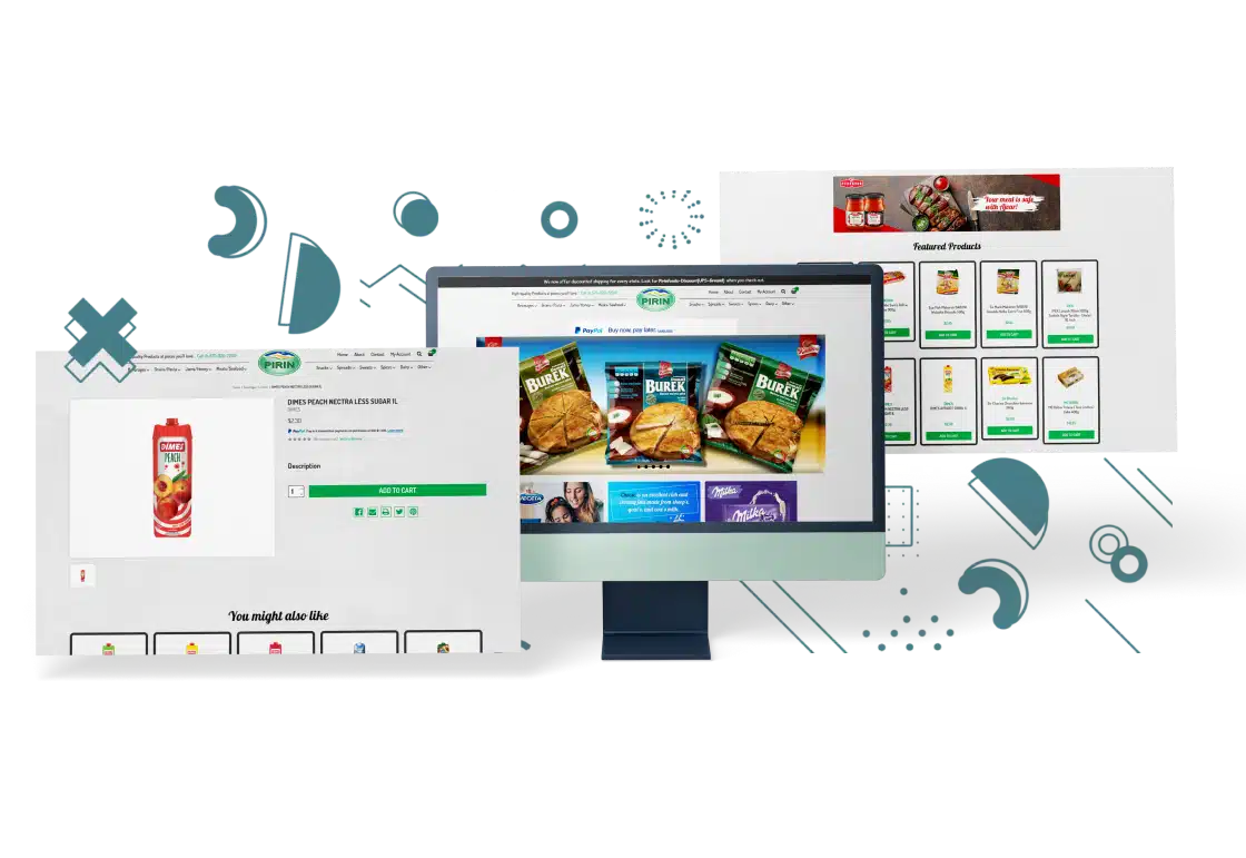 Image of Pirin Foods eCommerce website showcasing homepage, product category listings, and a product page featuring juices and foods.