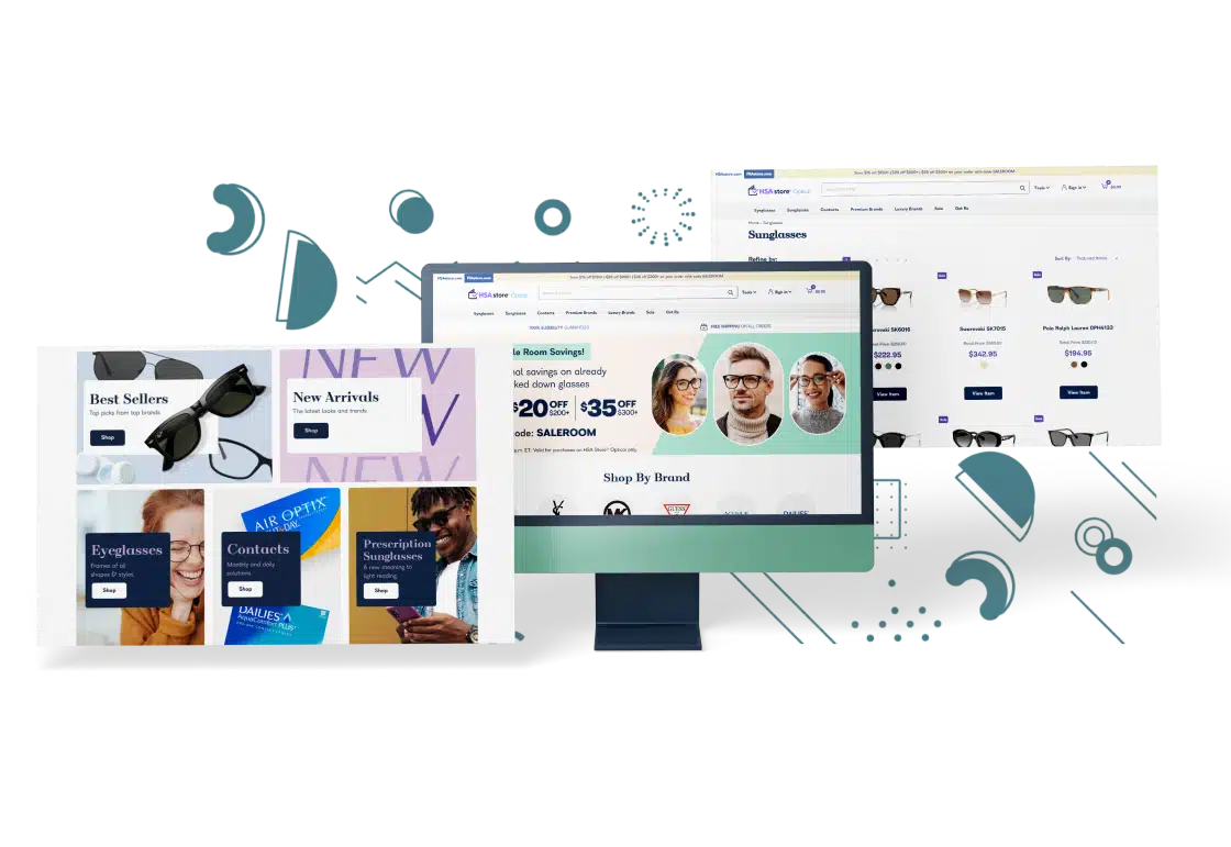 Image of eyewear eCommerce website design featuring homepage, product category pages, and promotions for eyeglasses, contacts, and sunglasses.