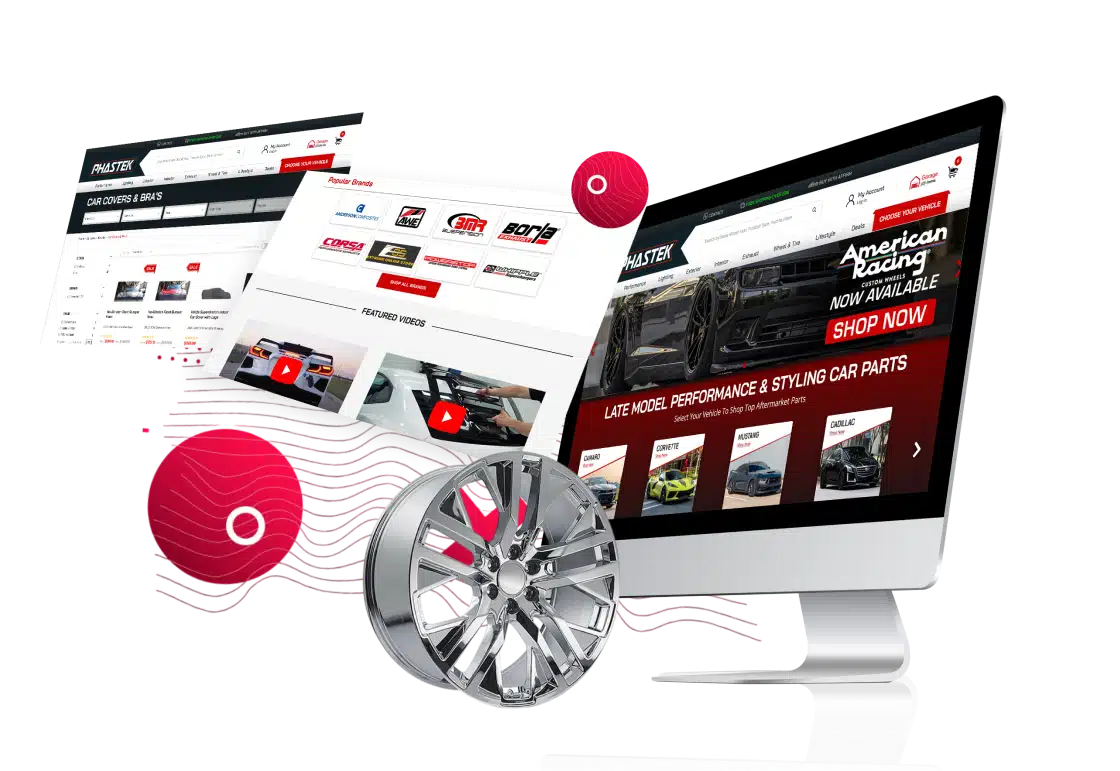  Image of Phastek Performance eCommerce website featuring homepage, product category pages, brand listings, and car parts with a chrome wheel graphic.