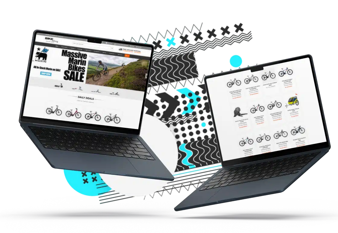  2 laptops with floating elements in the background. Laptops hold screenshot of homepage for Bikebling.com