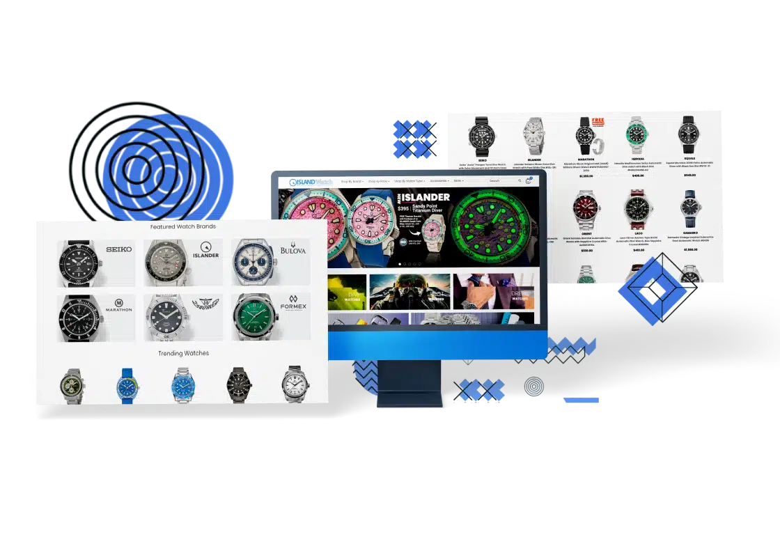 Image of LongIslandWatch.com eCommerce website featuring watch brands, trending watches, and product category pages