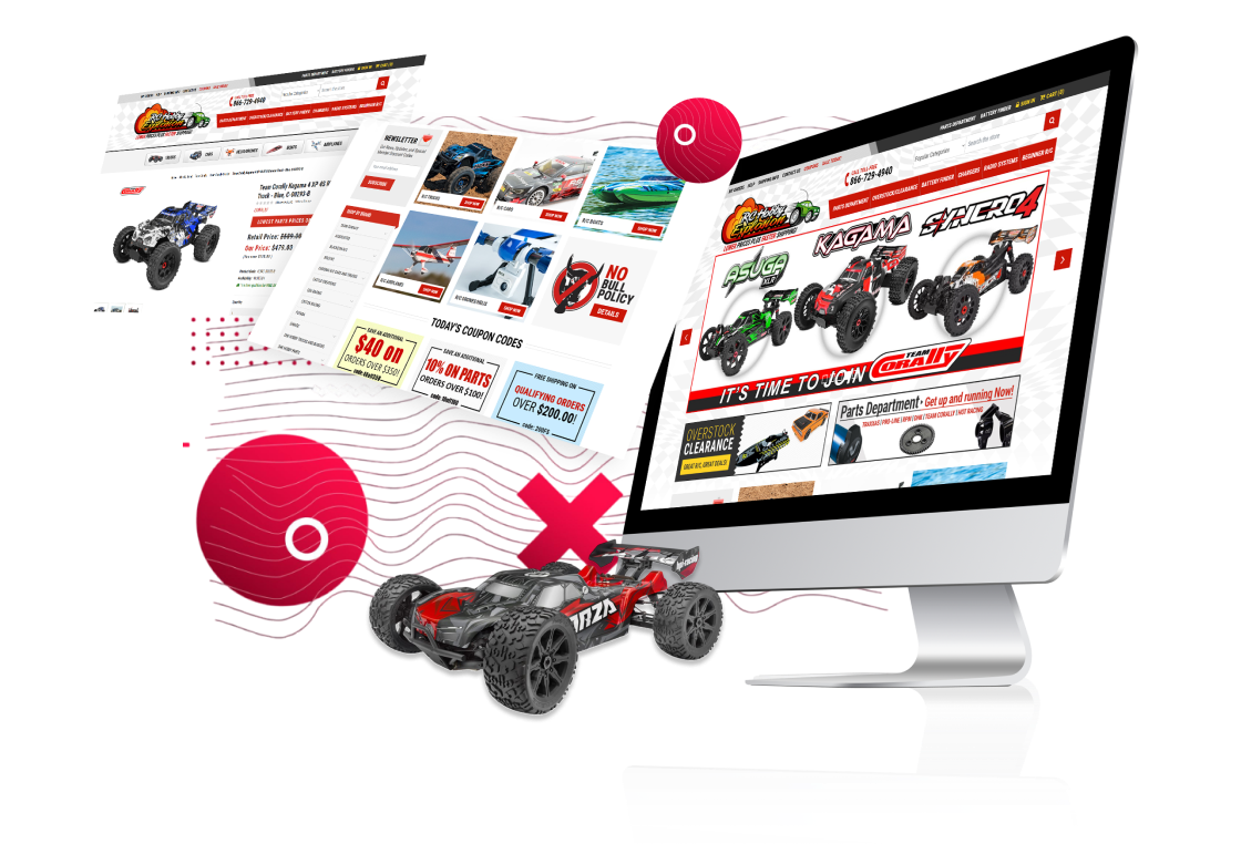 RC Hobby Explosion website redesign on desktop, with homepage, product page, category page, and 3D RC car model.