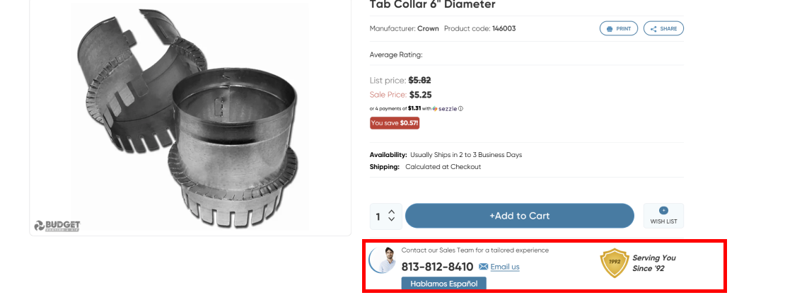 Screenshot of budget heating and air conditioning inc product page with trust signals